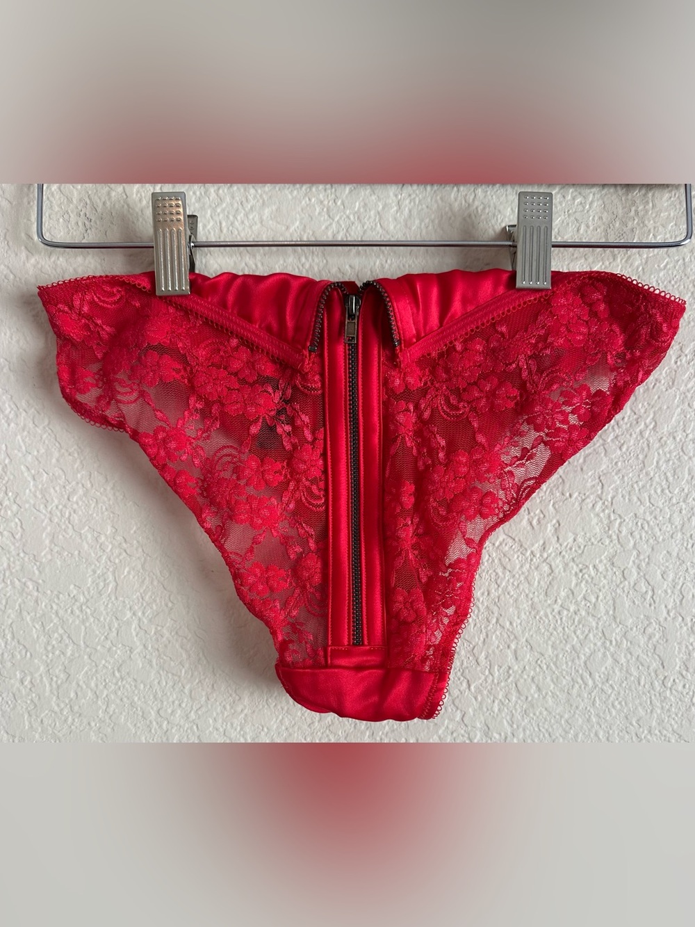 VICTORIA'S SECRET Panty Rare Red Satin Front / Sheer Lace Zip Up Back Small NEW
